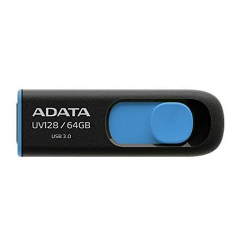 ADATA 64GB UV128 USB 3.0 Memory Pen, Retractable, Capless, Black & Blue - PC Gear UK