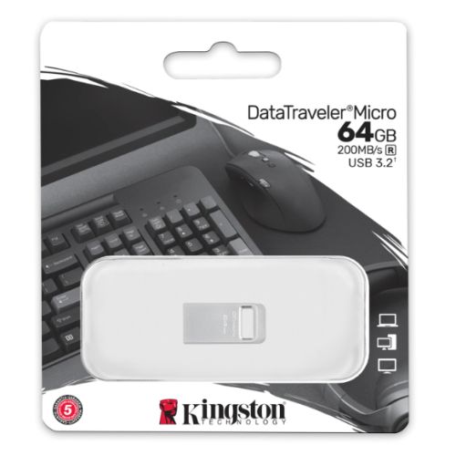 Kingston 64GB DataTraveler Micro Ultra-Small USB 3.2 Gen1 Memory Pen, Capless, Metal Casing, 200MB/s - PC Gear UK