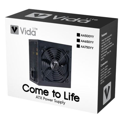 Vida Lite 500W ATX PSU, Fluid Dynamic Ultra-Quiet Fan, Flat Black Cables, Power Lead Not Included, Black
