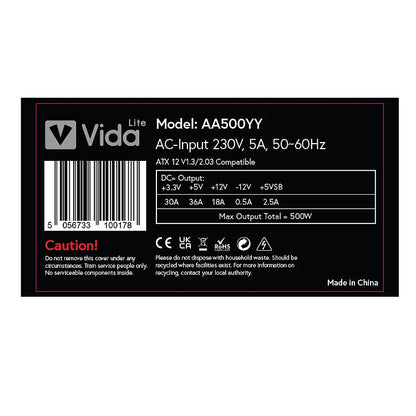 Vida Lite 500W ATX PSU, Fluid Dynamic Ultra-Quiet Fan, Flat Black Cables, Power Lead Not Included, Black