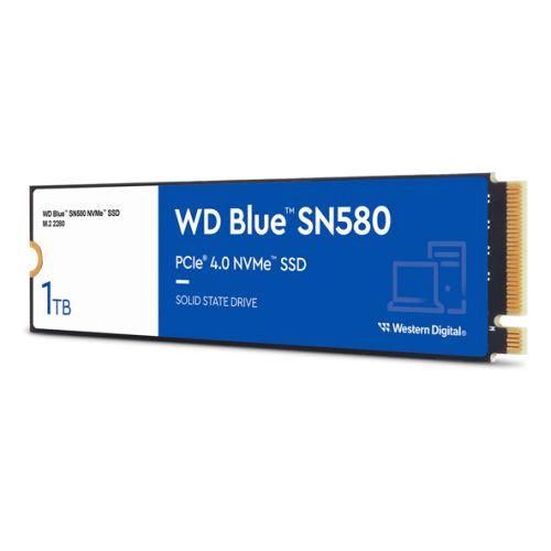 WD 1TB Blue SN580 M.2 NVMe Gen4 SSD, M.2 2280, PCIe4, TLC NAND, R/W 4150/4150 MB/s, 600K/750K IOPS - PC Gear UK