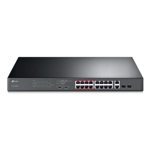 TP-LINK (TL-SL1218MP) 16-Port 10/100Mbps + 2-Port GB Unmanaged PoE Switch, 2 combo GB SFP Slots, 16-Port PoE, Rackmountable - PC Gear UK