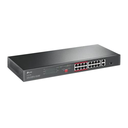 TP-LINK (TL-SL1218P) 16-Port 10/100Mbps + 2-Port GB Unmanaged Rackmount PoE+ Switch, Combo GB SFP Slot, 16-Port PoE+ - PC Gear UK