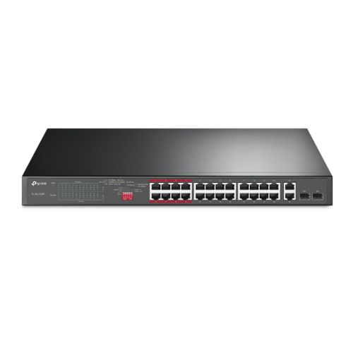 TP-LINK (TL-SL1226P) 24-Port 10/100Mbps + 2-Port GB Unmanaged PoE+ Switch, 2 combo GB SFP Slots, 24-Port PoE, Rackmountable - PC Gear UK