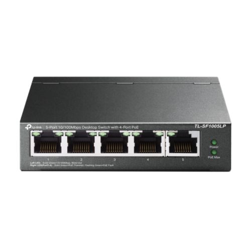 TP-LINK (TL-SF1005LP) 5-Port 10/100 Unmanaged Desktop Switch, 4-Port PoE, Intelligent Power, Steel Case - PC Gear UK