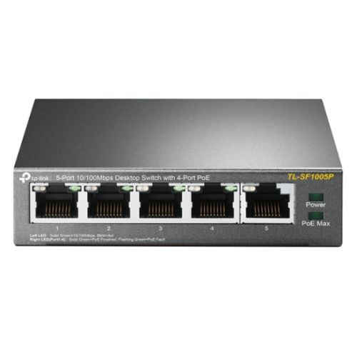 TP-LINK (TL-SF1005P) 5-Port 10/100 Unmanaged Desktop Switch, 4 Port PoE, Steel Case - PC Gear UK