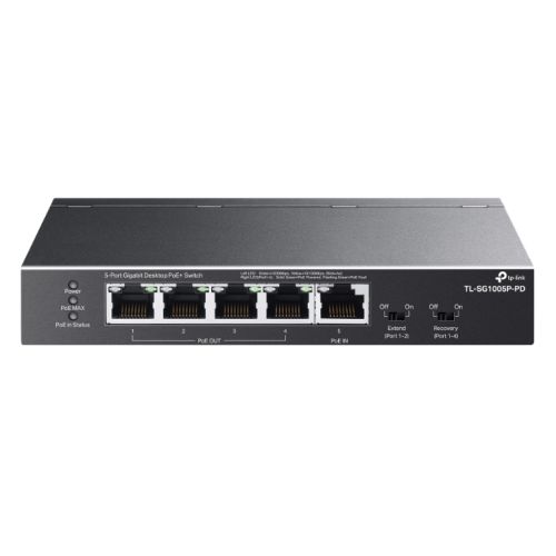 TP-LINK (TL-SG1005P-PD) 5-Port Gigabit Desktop PoE+ Switch with 1-Port PoE++ In and 4-Port PoE+Out, Long-Range PoE+ - PC Gear UK