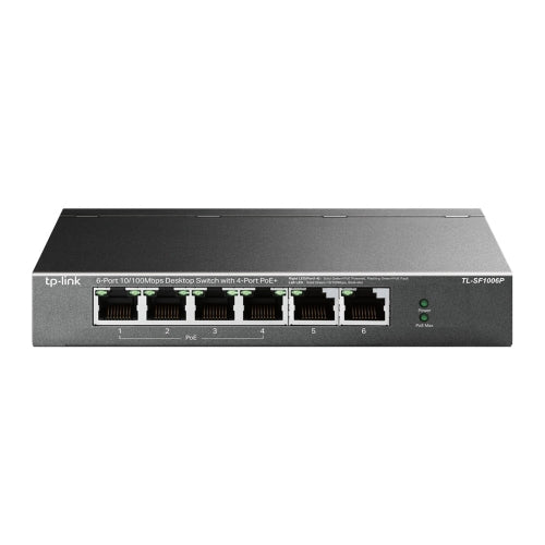TP-LINK (TL-SF1006P) 6-Port 10/100 Unmanaged Desktop Switch, 4 Port PoE+, Steel Case - PC Gear UK