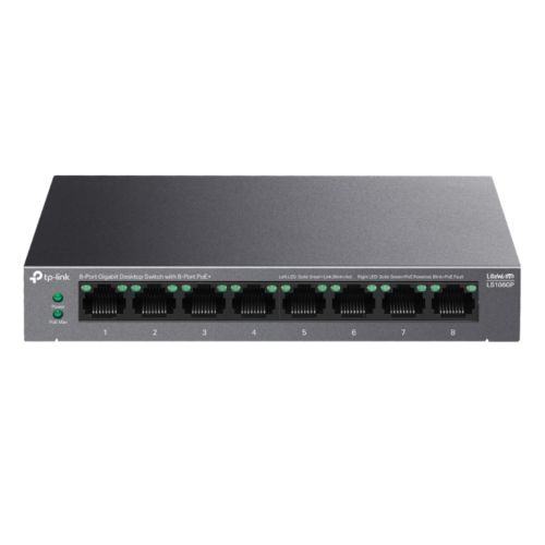 TP-LINK (LS108GP) 8-Port Gigabit Desktop LiteWave Switch with 8-Port PoE+, Metal Casing - PC Gear UK