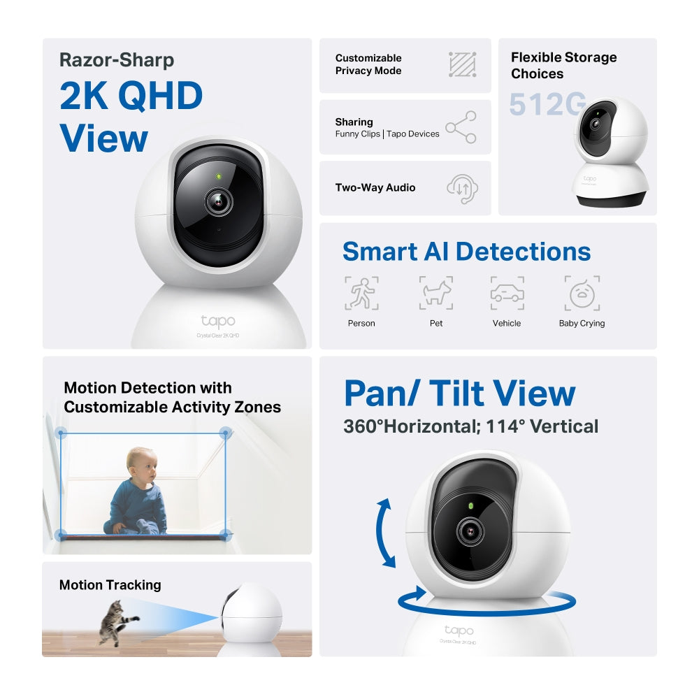 TP-Link Tapo C220 Pan/Tilt AI Home Security Wi-Fi Camera, 2K QHD, White