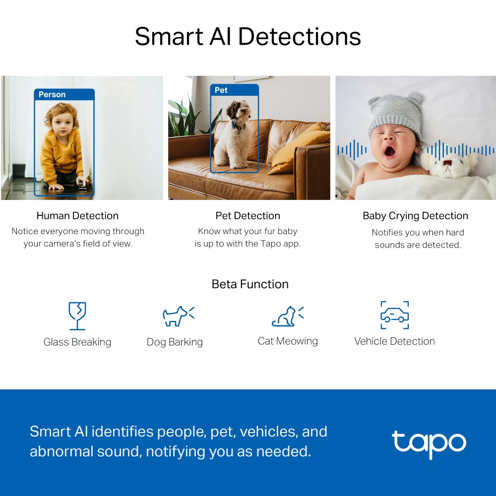 TP-Link Tapo C220 Pan/Tilt AI Home Security Wi-Fi Camera, 2K QHD, White