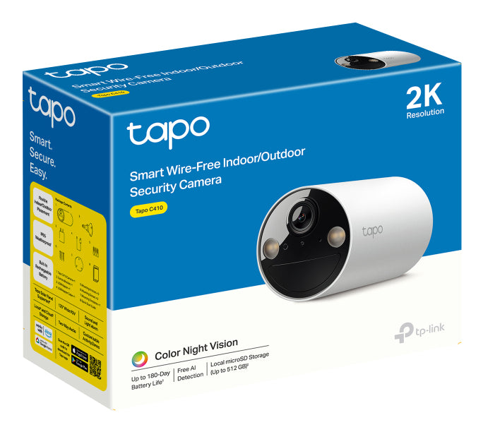 TP-Link Tapo C410 Wire-Free Outdoor Security Camera, 2K, 180-Day Battery, Colour Night Vision, IP65, AI Detection, White