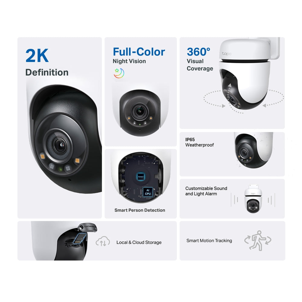 TP-Link Tapo C510W Outdoor Pan/Tilt Security Wi-Fi Camera, 2K, 360°, Full-Colour Night Vision, IP65, AI Detection, White/Black