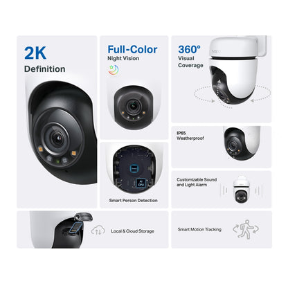 TP-Link Tapo C510W Outdoor Pan/Tilt Security Wi-Fi Camera, 2K, 360°, Full-Colour Night Vision, IP65, AI Detection, White/Black
