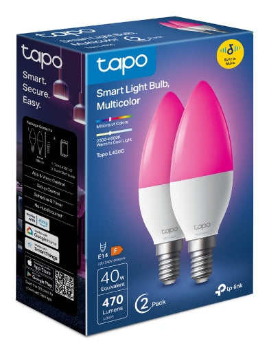 TP-Link Tapo L430C Smart Multicolor LED Bulb, E14, 4.8W, 2-Pack