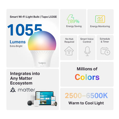 TP-Link Tapo L535E Smart Multicolor Matter LED Bulb, E27, 8.6W, 1055lm