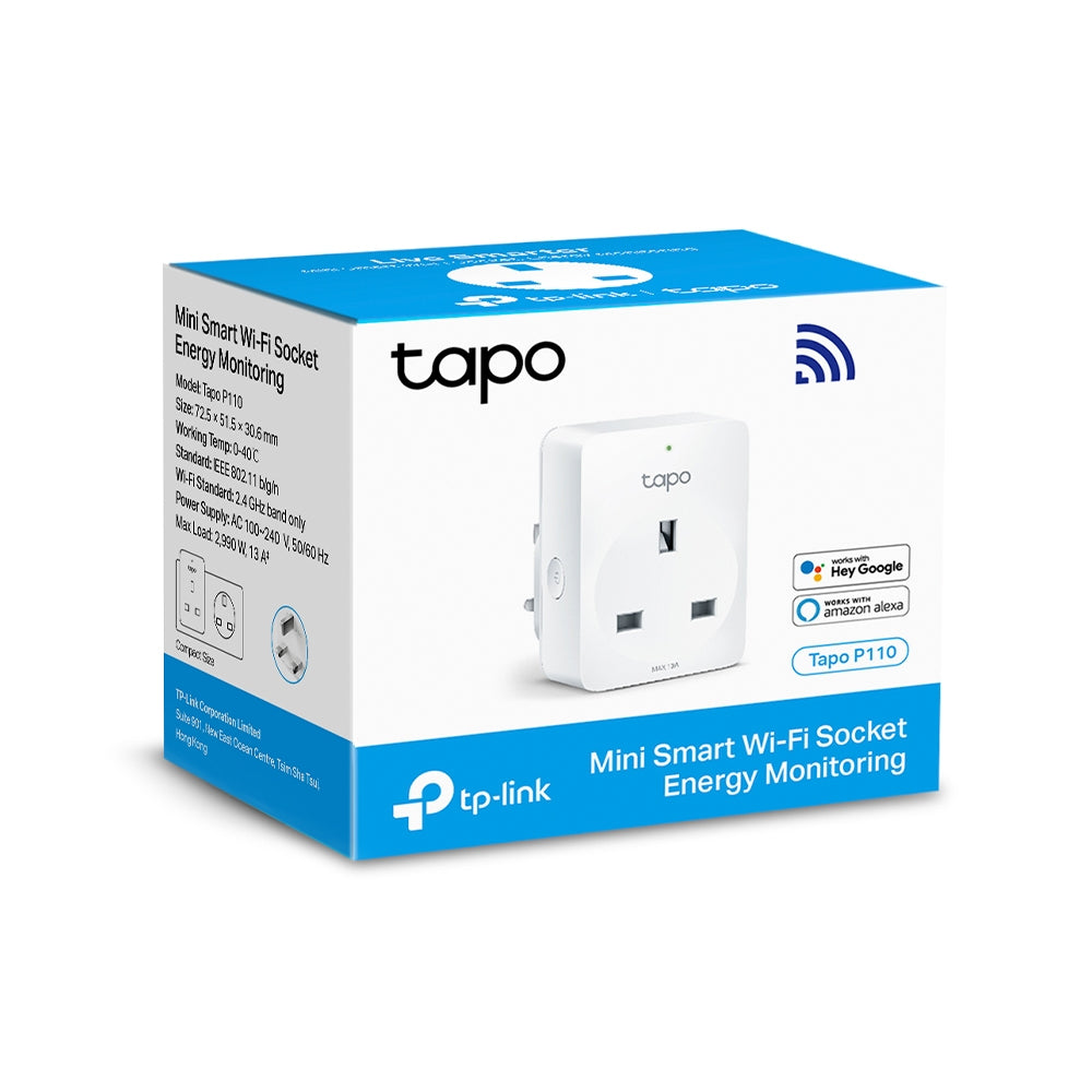 TP-Link Tapo P110 Mini Smart Wi-Fi Socket, Energy Monitoring, 2990W, 16A, UK Plug, White