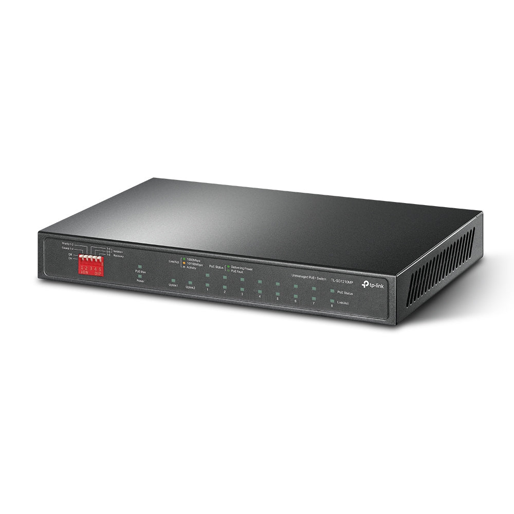 TP-Link TL-SG1210MP, 10-Port Gigabit Unmanaged PoE+ Switch, 8x PoE+, 1x SFP, 123W Budget, Fanless, Black