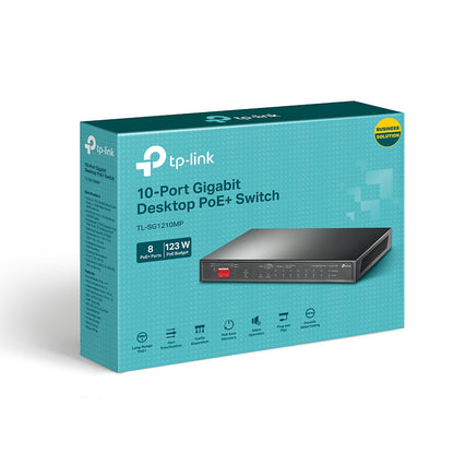 TP-Link TL-SG1210MP, 10-Port Gigabit Unmanaged PoE+ Switch, 8x PoE+, 1x SFP, 123W Budget, Fanless, Black