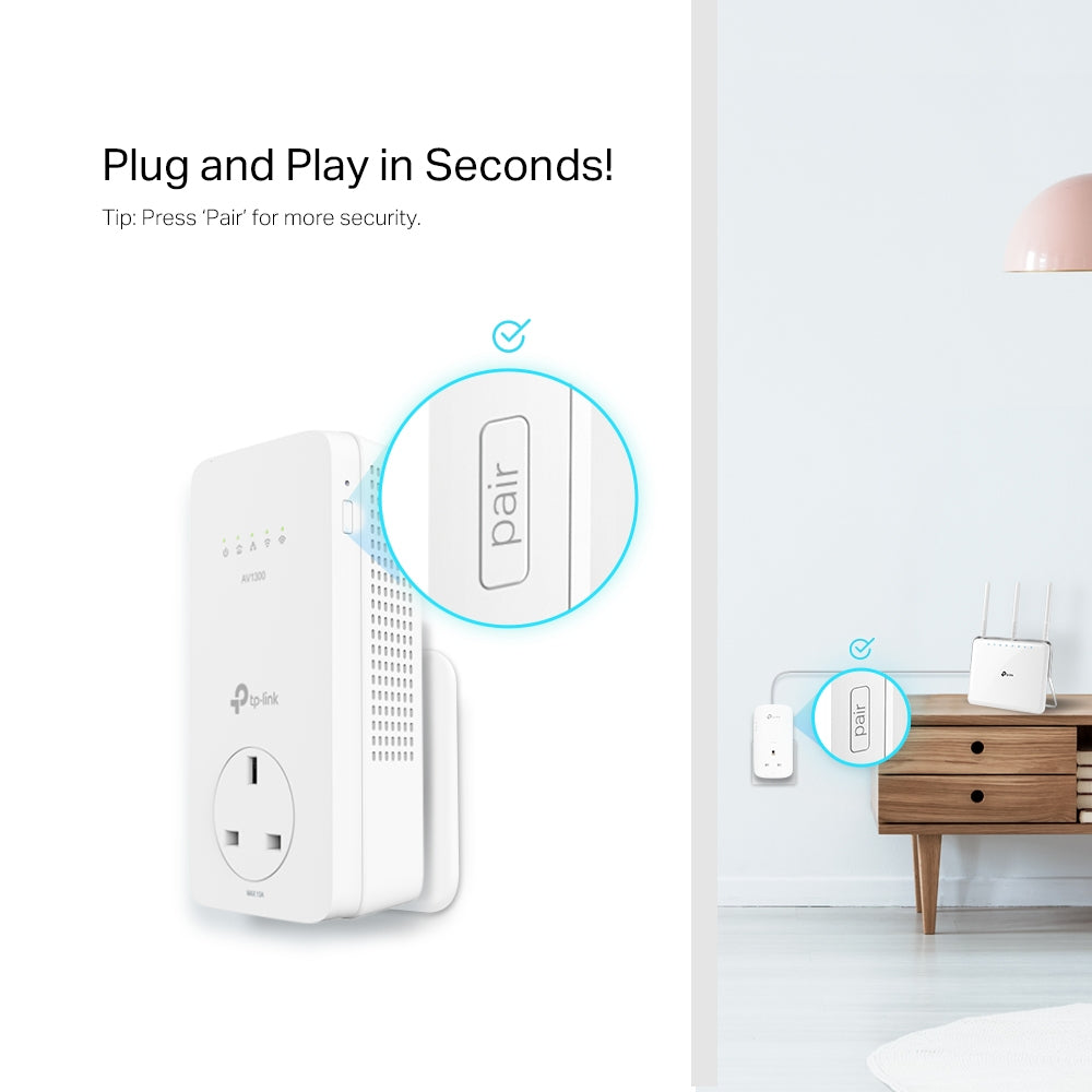 TP-Link TL-WPA8631P KIT AV1300 Gigabit Passthrough Powerline AC1200 Wi-Fi Kit, HomePlug AV2, OneMesh, 3x Gigabit Ports, UK Plug, White