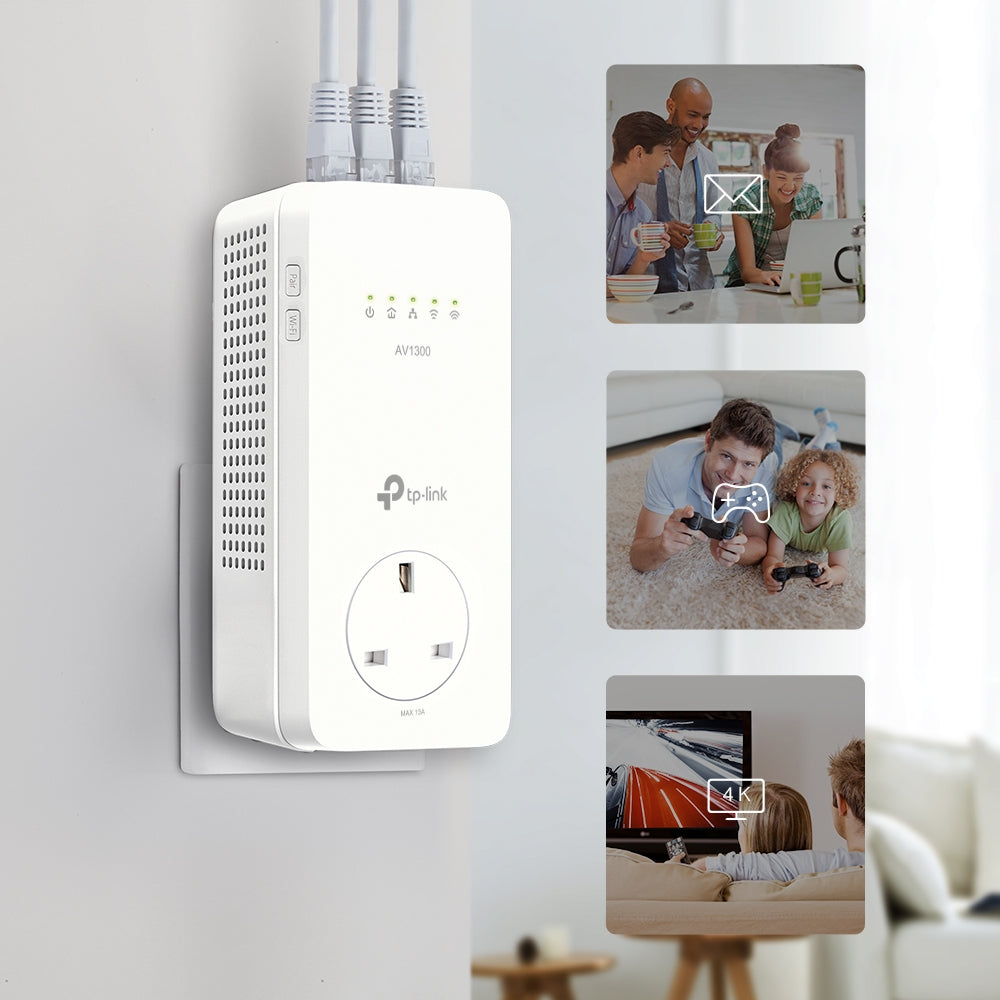 TP-Link TL-WPA8631P KIT AV1300 Gigabit Passthrough Powerline AC1200 Wi-Fi Kit, HomePlug AV2, OneMesh, 3x Gigabit Ports, UK Plug, White