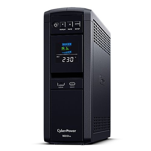 CyberPower PFC Sinewave 1600VA Line Interactive Tower UPS, 1000W, LCD Display, 2x UK Plug, 4x IEC, AVR Energy Saving - PC Gear UK