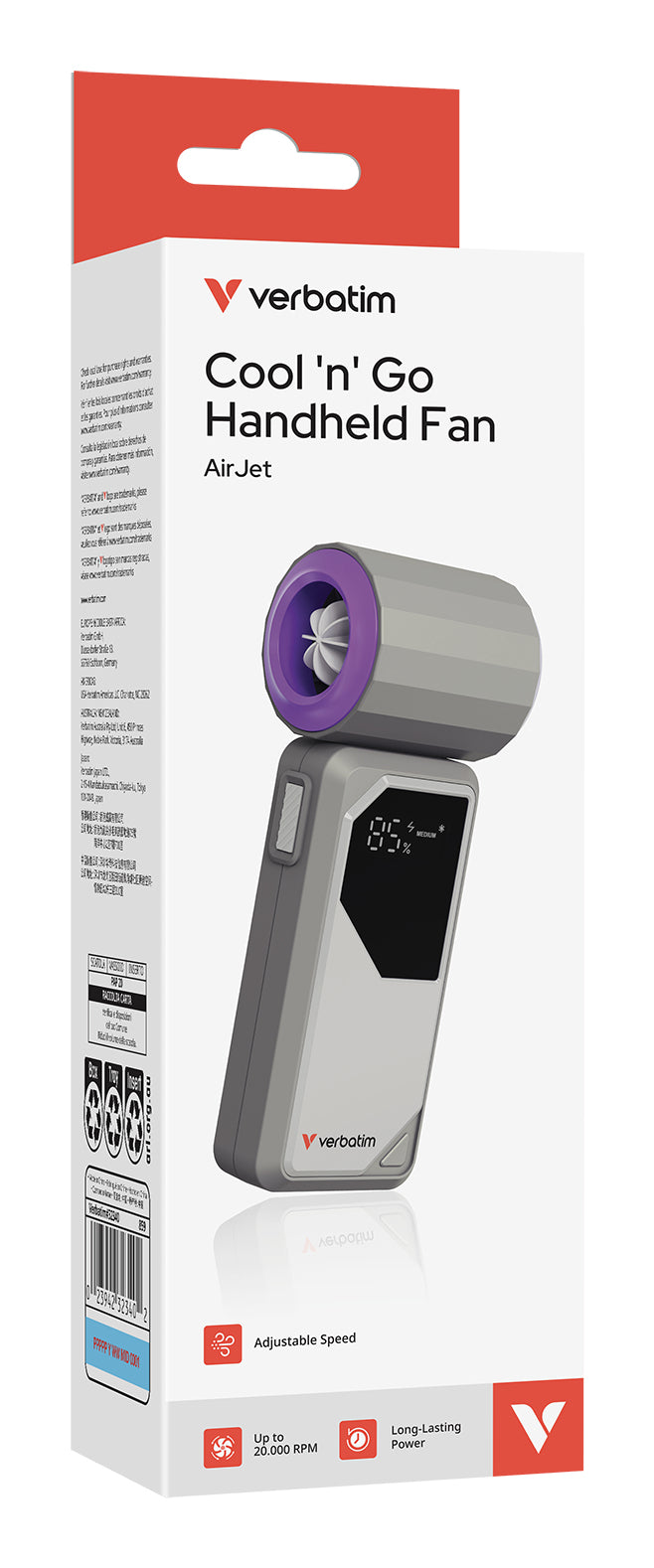 Verbatim Cool 'n' Go AirJet Handheld Fan, Grey, Purple