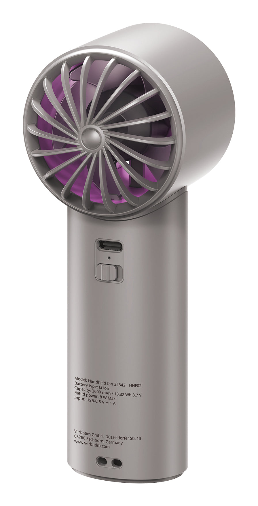 Verbatim Cool 'n' Go Ice Touch Handheld Fan, Grey, Purple