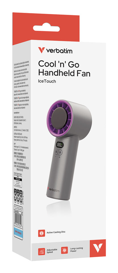 Verbatim Cool 'n' Go Ice Touch Handheld Fan, Grey, Purple
