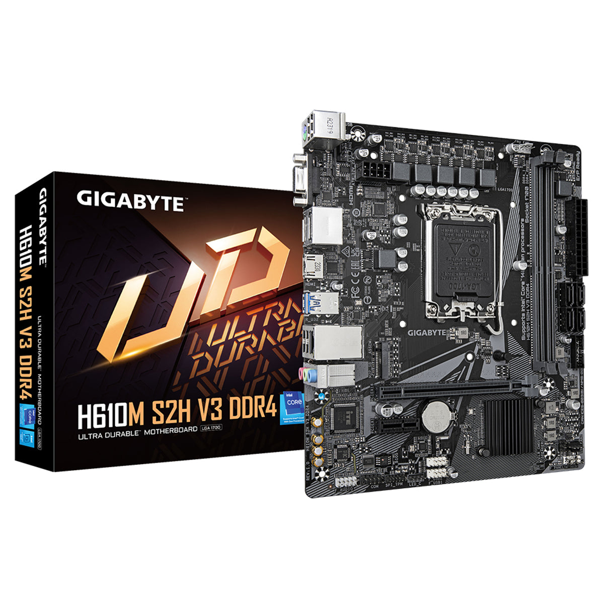 GIGABYTE H610M S2H V3 DDR4 Motherboard - Supports Intel Core 14th CPUs, 4+1+1 Hybrid Digital VRM, up to 3200MHz DDR4, 1xPCIe 3.0 M.2, GbE LAN , USB 3.2 Gen 1, Intel, LGA 1700, Intel Celeron, Intel Core i3, Intel Core i5, Intel Core i7, Intel Core i9