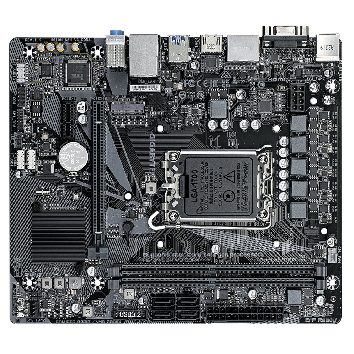 GIGABYTE H610M S2H V3 DDR4 Motherboard - Supports Intel Core 14th CPUs, 4+1+1 Hybrid Digital VRM, up to 3200MHz DDR4, 1xPCIe 3.0 M.2, GbE LAN , USB 3.2 Gen 1, Intel, LGA 1700, Intel Celeron, Intel Core i3, Intel Core i5, Intel Core i7, Intel Core i9