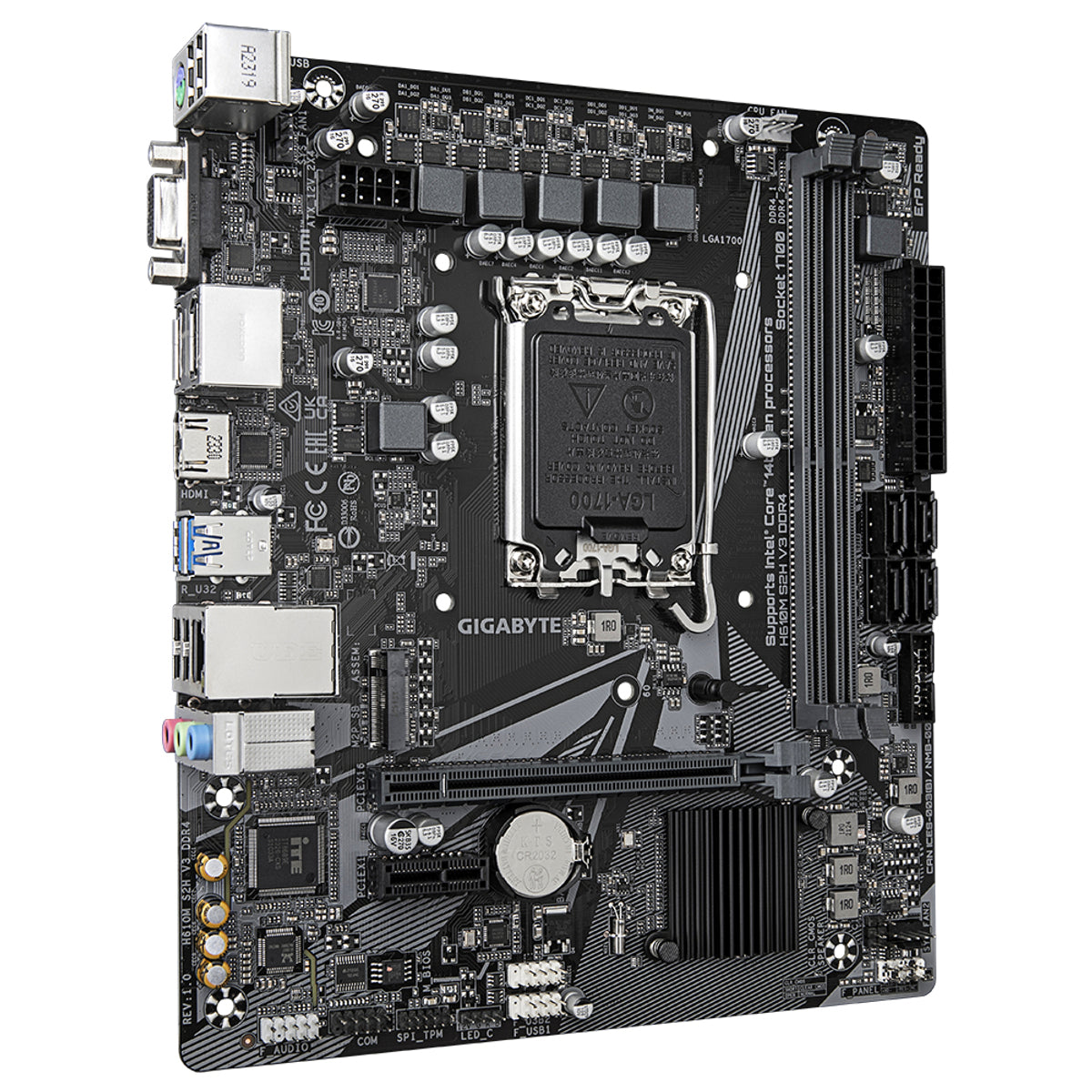 GIGABYTE H610M S2H V3 DDR4 Motherboard - Supports Intel Core 14th CPUs, 4+1+1 Hybrid Digital VRM, up to 3200MHz DDR4, 1xPCIe 3.0 M.2, GbE LAN , USB 3.2 Gen 1, Intel, LGA 1700, Intel Celeron, Intel Core i3, Intel Core i5, Intel Core i7, Intel Core i9