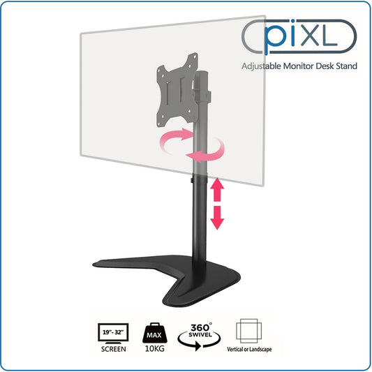 piXL Single Monitor Arm Desk Stand, For Screens up to 32", Max Weight 10Kg, Freestanding, Height Adjustable, Pivot, Swivel 360 - PC Gear UK