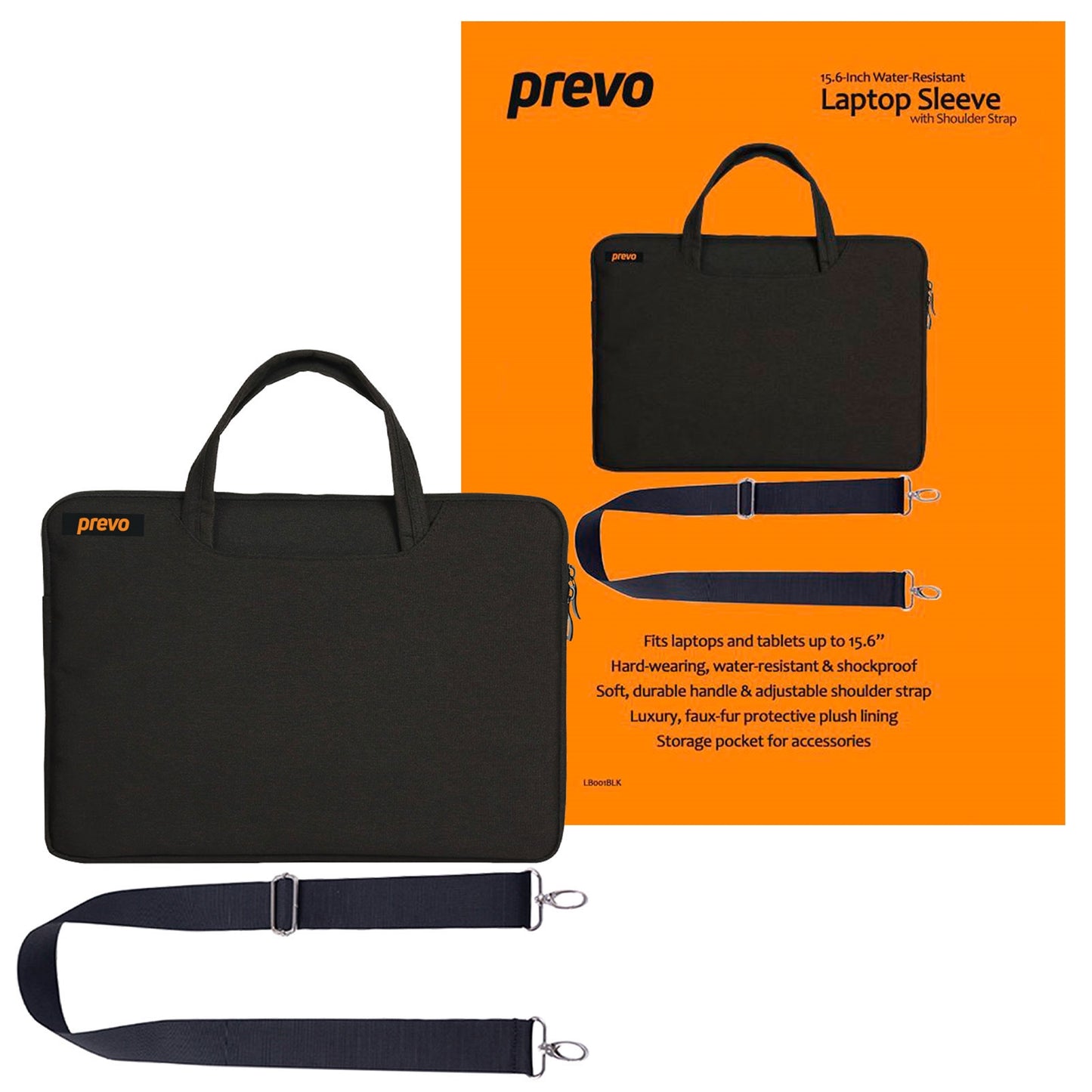 Prevo B001BLK 15.6" Laptop Bag | Water-Resistant | Shoulder Strap | Faux Fur Lining | Black