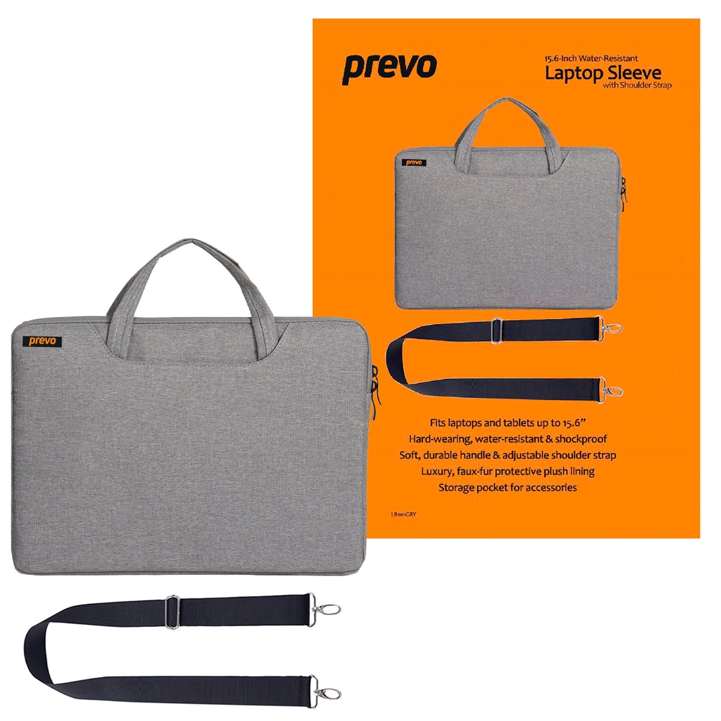 Prevo LB001GRY 15.6" Laptop Bag | Water-Resistant | Shoulder Strap | Faux Fur Lining | Light Grey