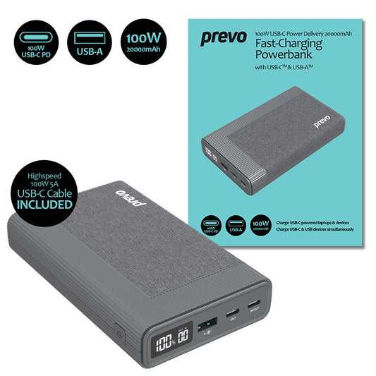 Prevo AD10C 100W USB-C Power Delivery PD 20000mAh Portable Fast-Charging Powerbank with Digital Display, Dual USB-C & USB-A with 100W USB-C Cable Included for Laptops, Ultrabooks, Chromebooks, Smartphones & Tablets - PC Gear UK