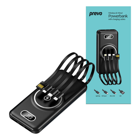 Prevo SP5002 Wireless Charging Power Bank,10000mAh Portable Charging for Smart Phones, Tablets and Other Devices, Charge Multiple Devices with Prefitted Lightning, USB Type-C, Micro-USB & USB Cables - PC Gear UK
