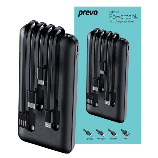 Prevo SP2010 Power Bank,10000mAh Portable Charging for Smart Phones, Tablets and Other Devices, Charge 4 Devices with Prefitted Lightning, USB Type-C, Micro-USB & USB Cables, LED Torch, Black - PC Gear UK