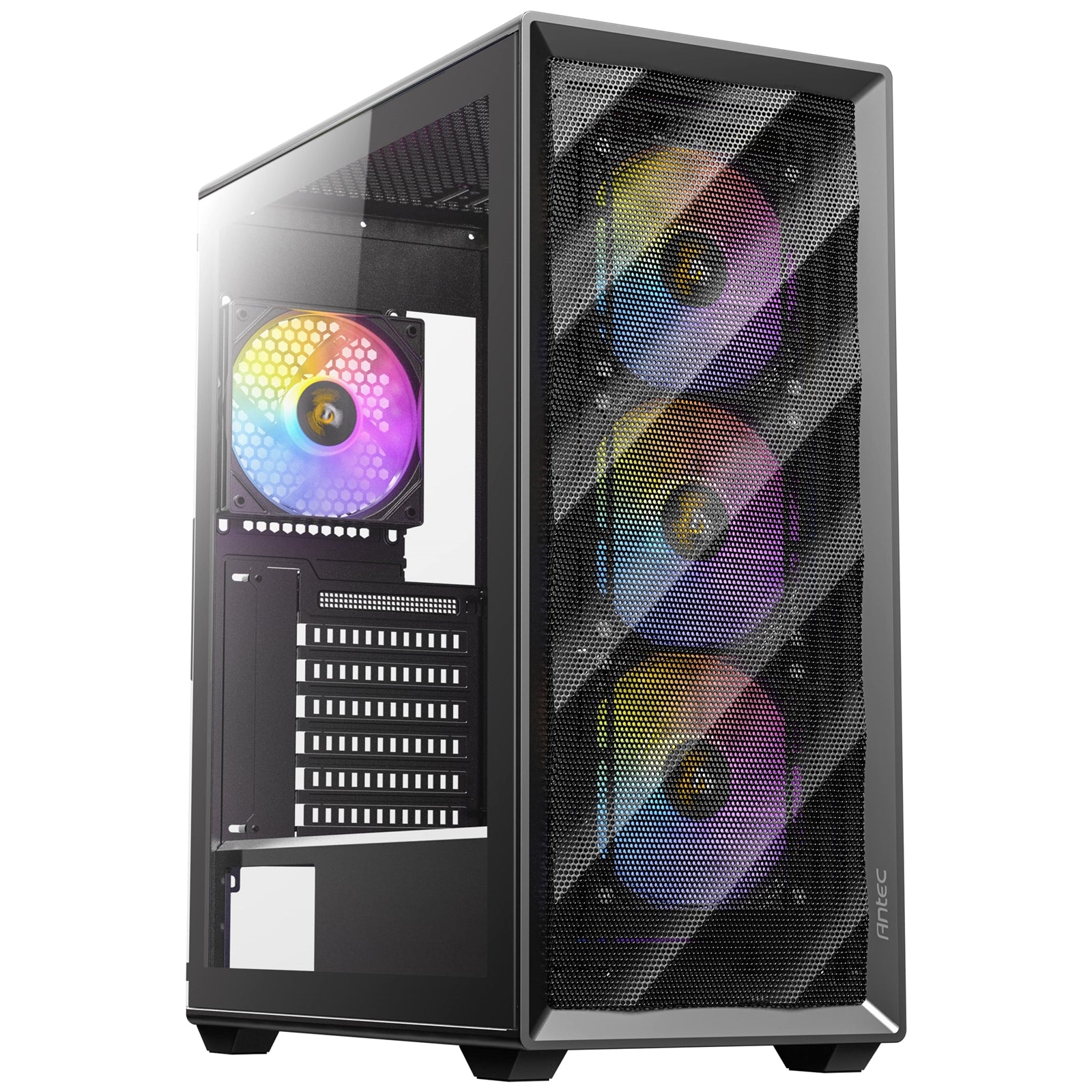 ANTEC AX85 ARGB Case, Black, Mid Tower, 2 x USB 3.0, Tempered Glass Side WIndow Panel, Large Mesh Front Panel for Excellent Cooling Performance, 4 x Addressable RGB Fans Included with Hub - PC Gear UK