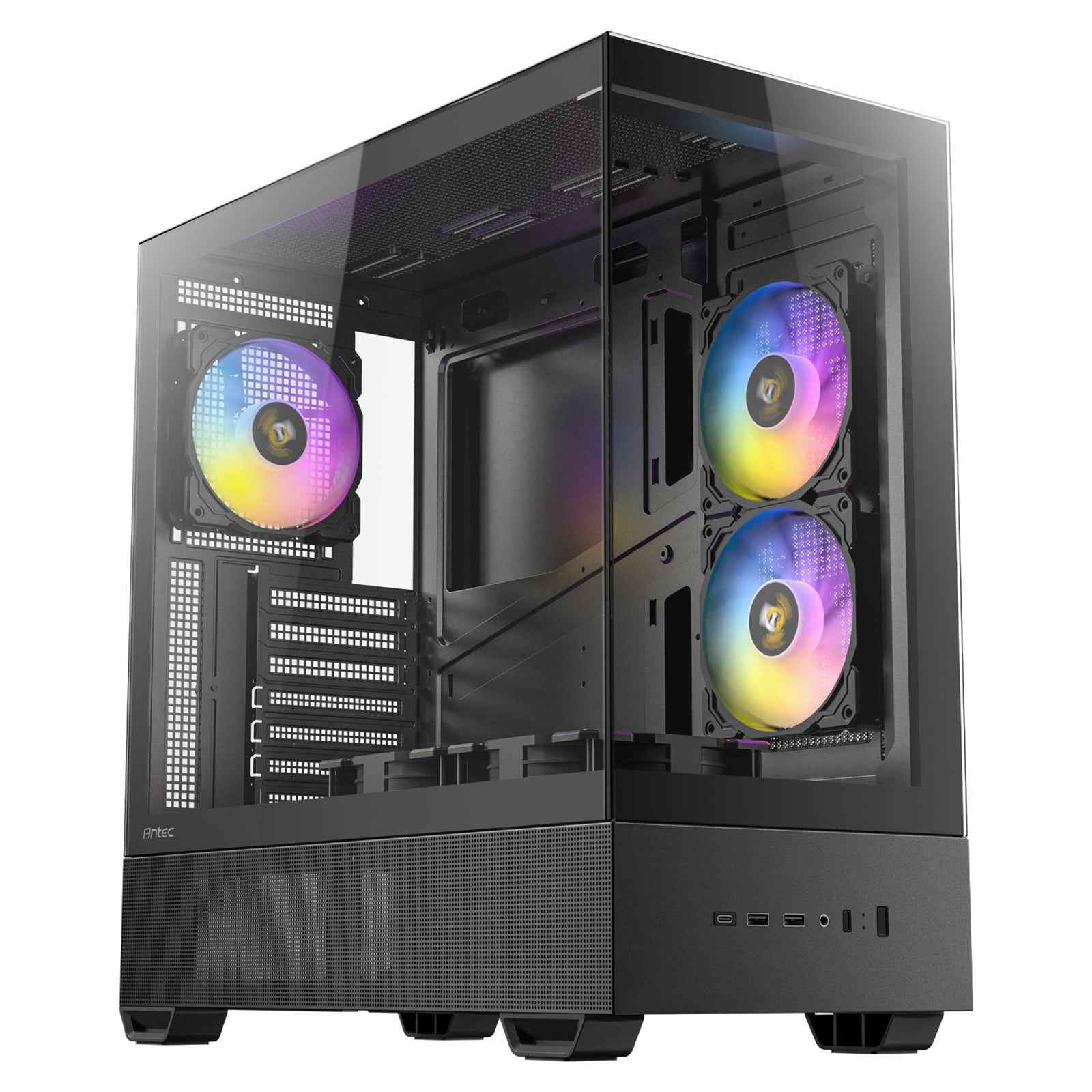 Antec CX705 ARGB Gaming Case Mid Tower,  1 x USB Type-C / 1 x USB 3.0 / 1 x USB 2.0, Tempered Glass Front and Side Window Panel, Vertical Cooling with Massive Air Intake, 5 x Pre-Installed ARGB LED Fans, ATX, Micro-ATX, ITX Compatible