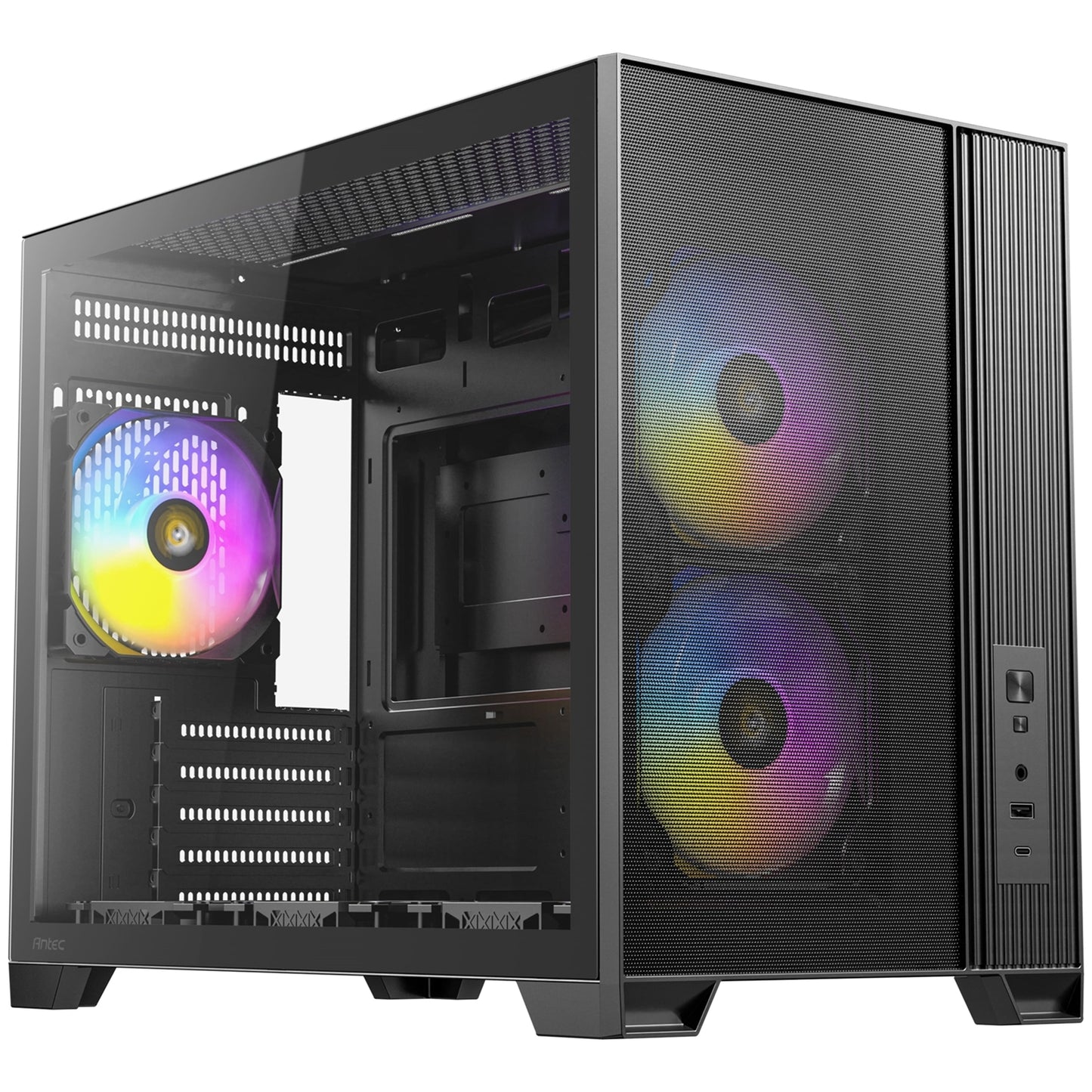 Antec FLUX M Mini Tower Gaming Case, 1 x USB Type-C / 1 x USB 3.0, Tempered Glass Side Window Panel, Vertical Airflow Design, 3 x Pre-Installed RGB LED Fans & 3 PWM Reverse Fans, Micro-ATX, ITX Compatible