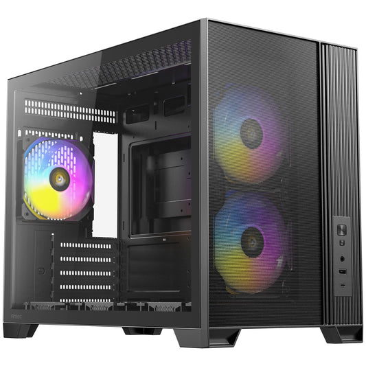 Antec FLUX M Mini Tower Gaming Case, 1 x USB Type-C / 1 x USB 3.0, Tempered Glass Side Window Panel, Vertical Airflow Design, 3 x Pre-Installed RGB LED Fans & 3 PWM Reverse Fans, Micro-ATX, ITX Compatible