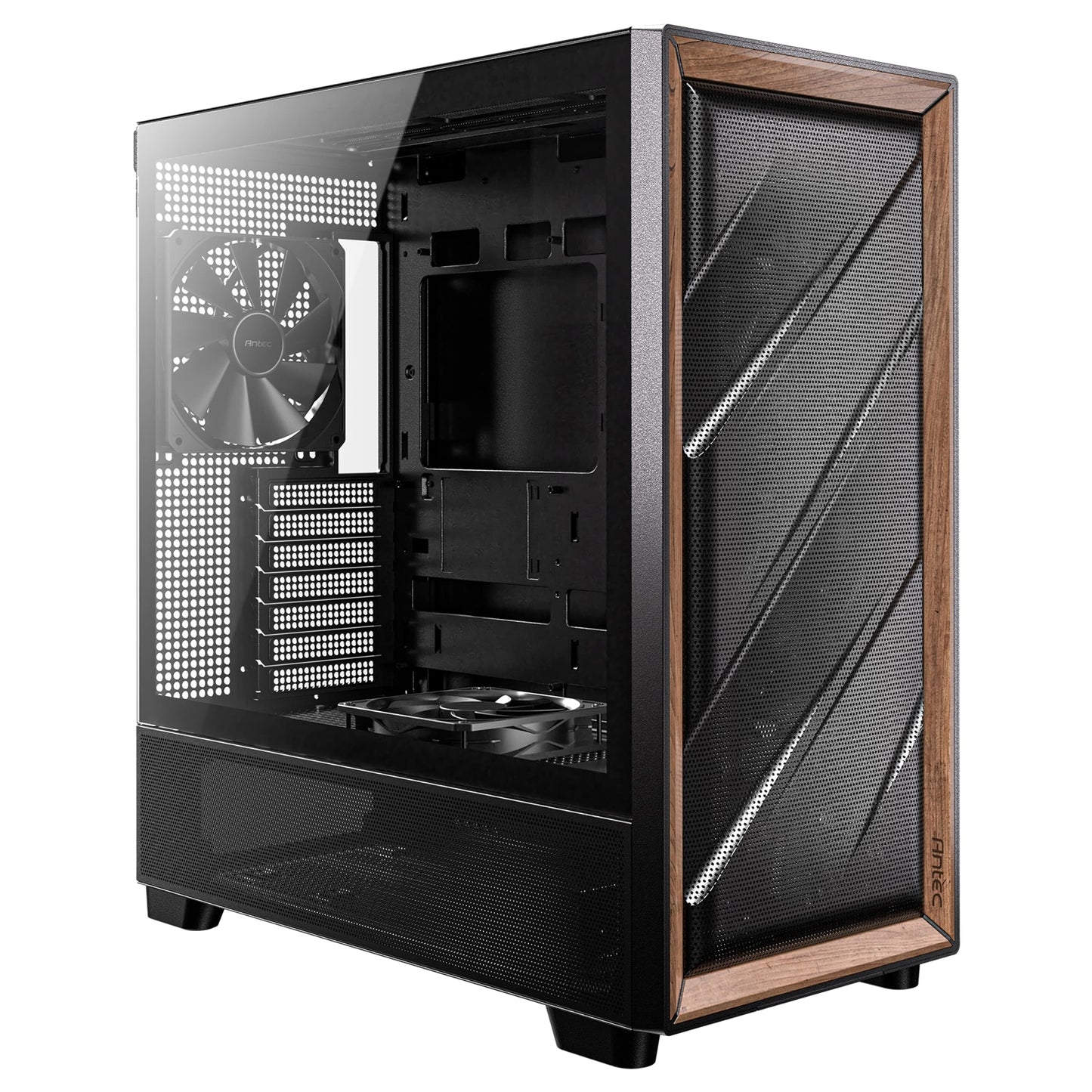Antec, Antec FLUX Mid Tower PC Case - Tempered Glass, Black/Wood, 5 PWM Fans, USB-C, E-ATX/ATX/mATX/ITX Compatibility, Mid Tower