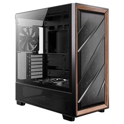Antec FLUX Mid Tower Gaming Case, 1 x USB Type-C / 2 x USB 3.0, Tempered Glass Side Window Panel, Multi-directional Vent Design, Walnut Wood Accents, 5 x Pre-Installed PWM Fans, E-ATX (=330mm), ATX, Micro-ATX, ITX Compatible