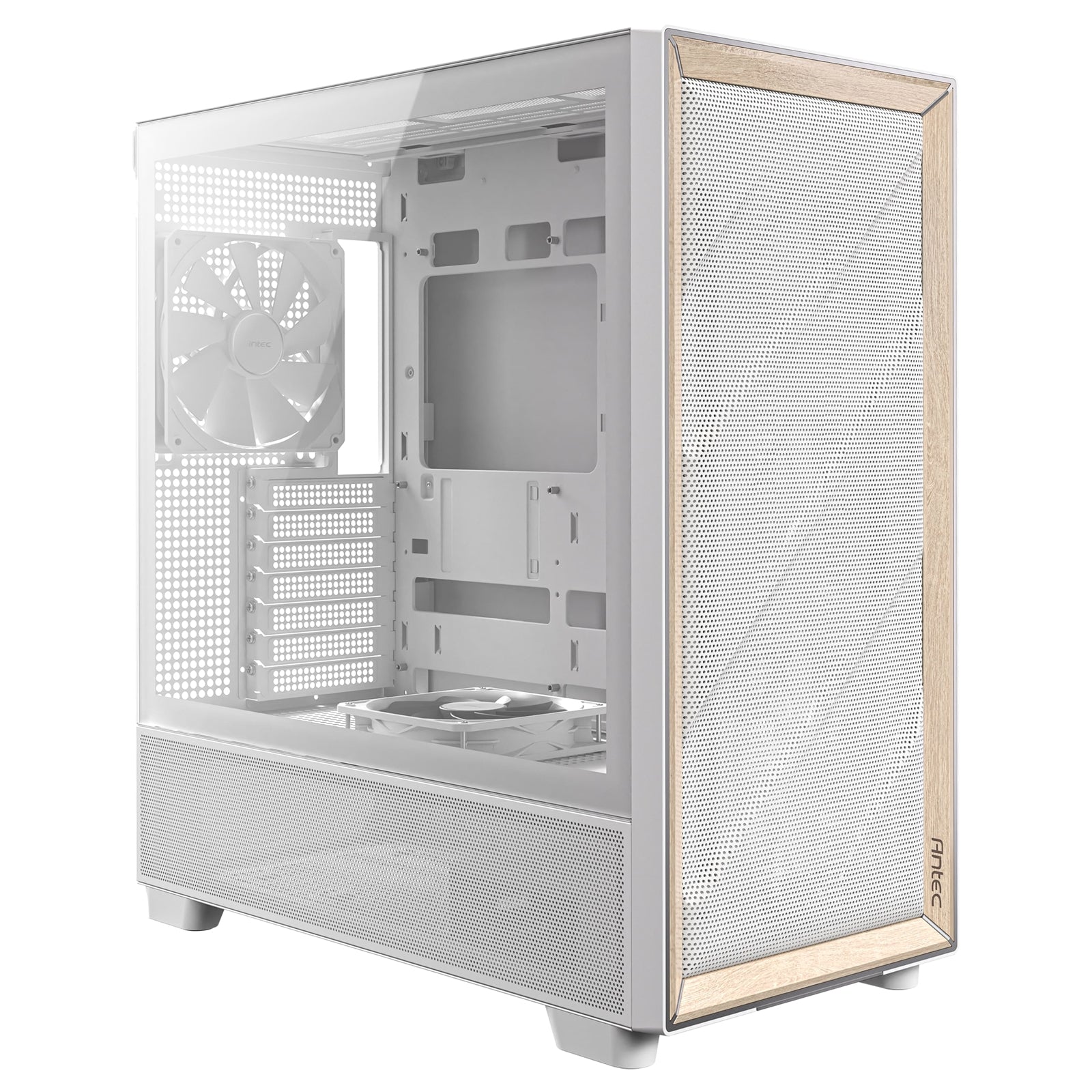 Antec FLUX Mid Tower PC Case - Tempered Glass, White/Wood, 5 PWM Fans, USB-C, E-ATX/ATX/mATX/ITX Compatibility - PC Gear UK