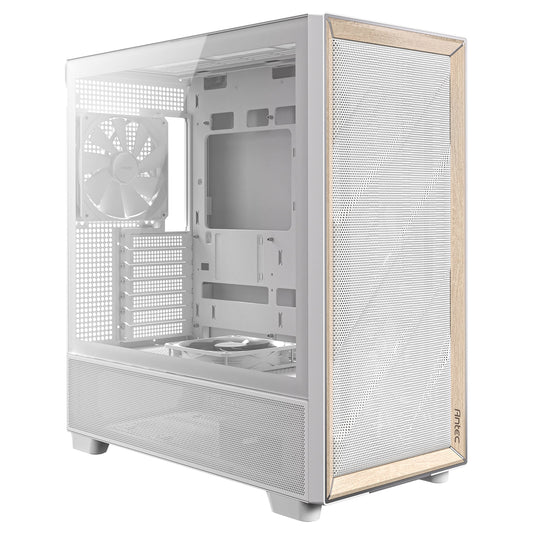 Antec FLUX Mid Tower PC Case - Tempered Glass, White/Wood, 5 PWM Fans, USB-C, E-ATX/ATX/mATX/ITX Compatibility - PC Gear UK