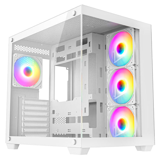 CRONUS Pallas Case, Gaming, White, Mid Tower, 1 x USB 3.0 / 2 x USB 2.0, Tempered Glass Front & Side Window Panels, RGB LED Fans, ATX, Micro ATX, Mini-ITX, Stealth Motherboard Compatible - PC Gear UK