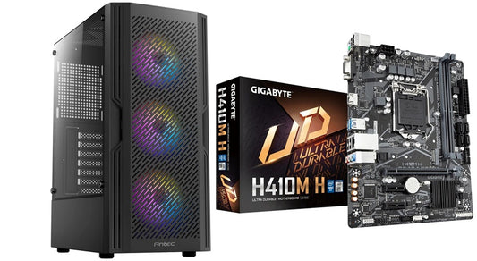 Case & Board bundle - ANTEC AX20 Case with Gigabyte H410M H V2 Ultra Durable Intel 1200 Socket Motherboard, Micro-ATX, 2x DDR4 Slots, 1x M.2 Socket, GbE LAN, 1x D-Sub / 1x HDMI Port - PC Gear UK