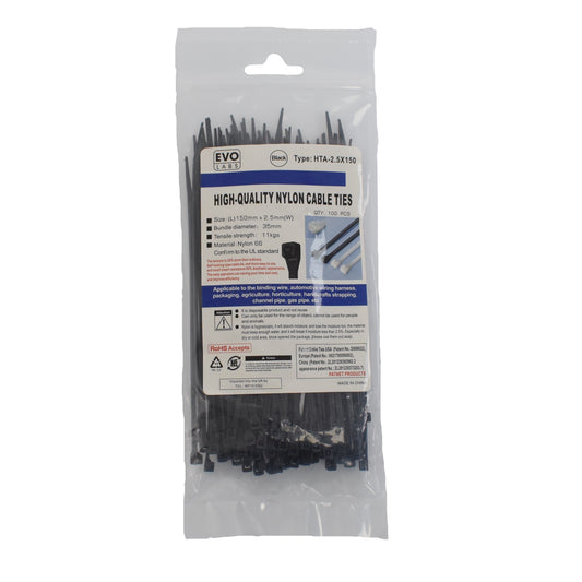 Evo Labs Black Cable Ties 150 x 2.5mm 100 Pack - PC Gear UK