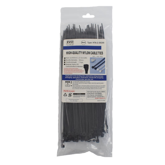 Evo Labs Black Cable Ties 200 x 2.5mm 100 Pack - PC Gear UK
